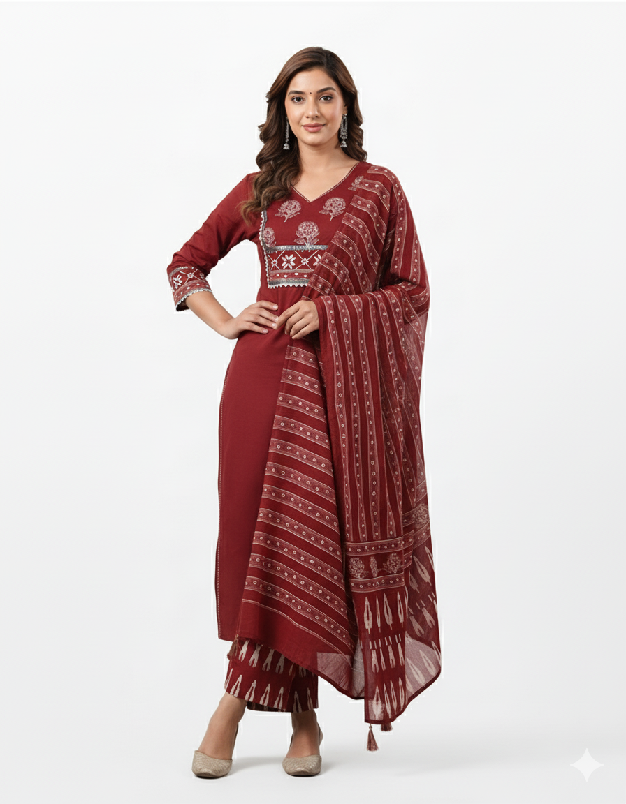 Duku Women's Blue Embroidered Kurti with Printed Pants & Dupatta